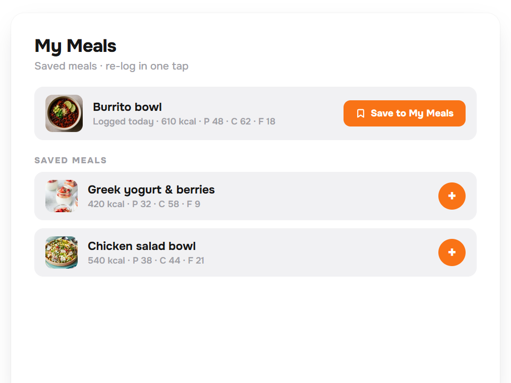 My Meals — save & re-log in one tap