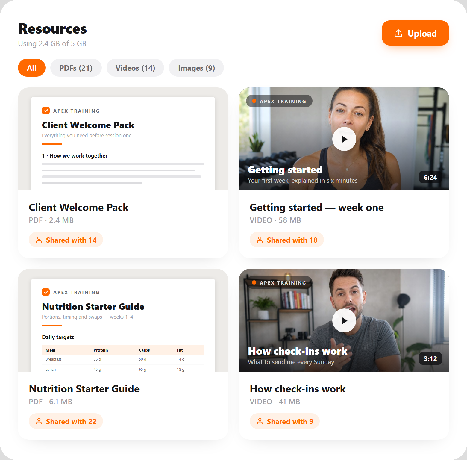 The Scraler resources vault — PDFs with rendered first-page previews and explainer videos with branded poster frames, each showing how many clients it is shared with