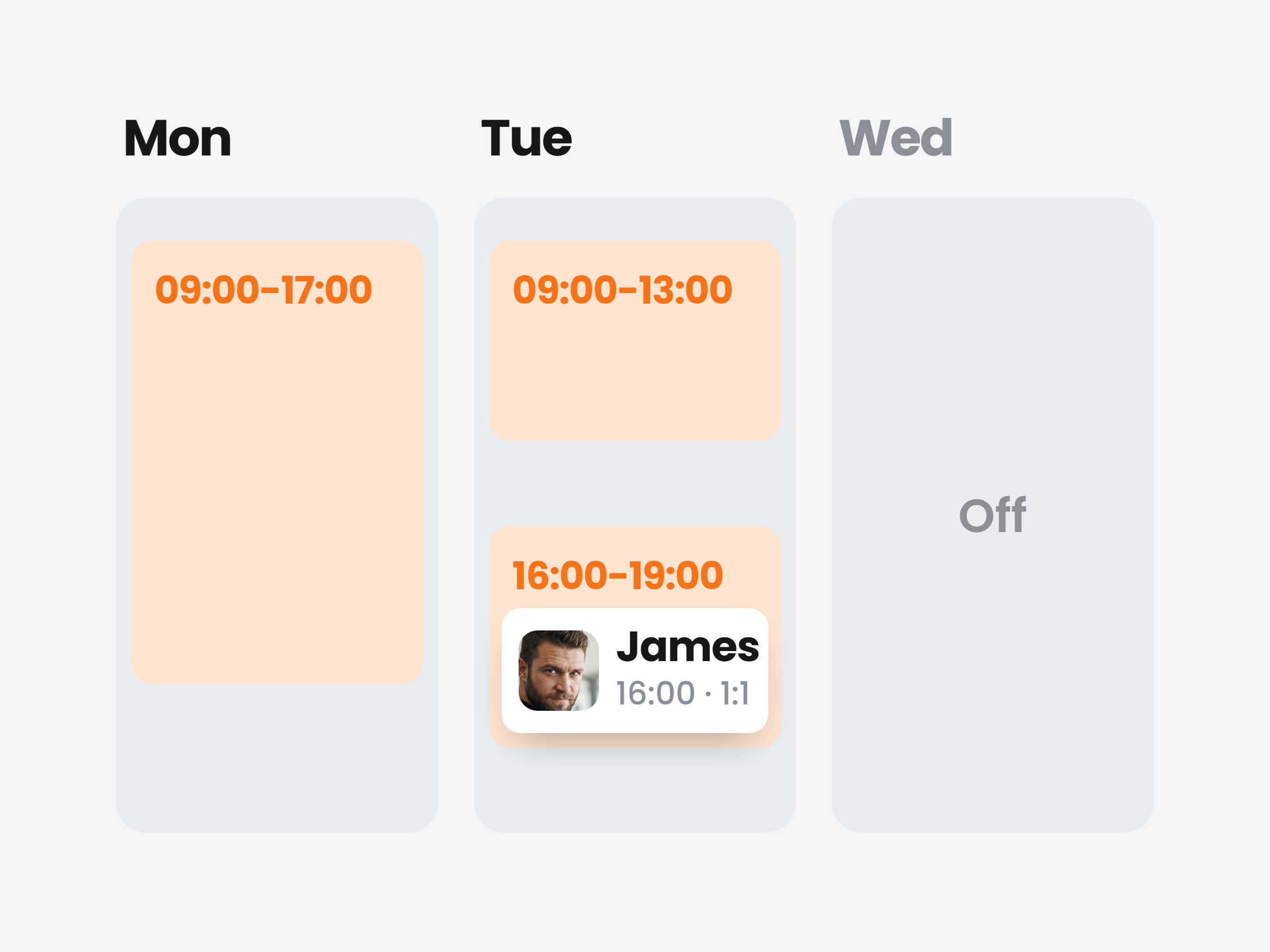 Weekly availability windows with a client booked into a free slot