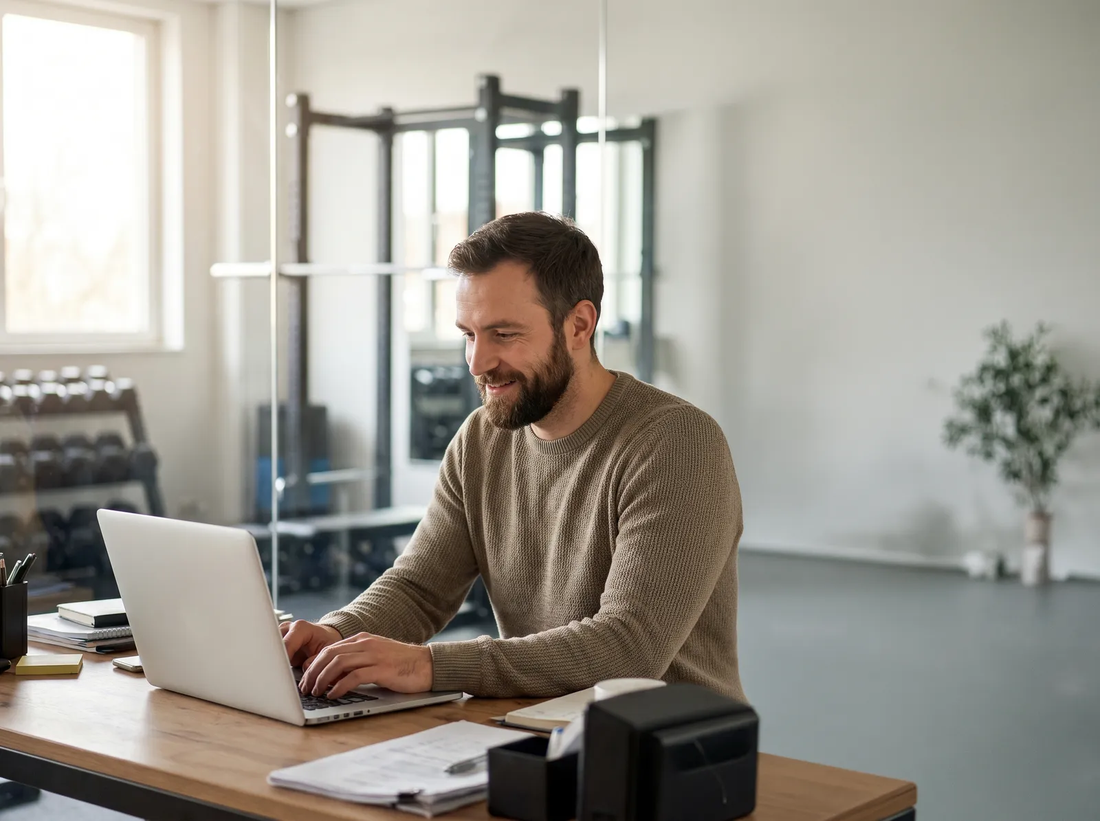 Personal trainer reviewing earnings and payments on a laptop in a modern gym